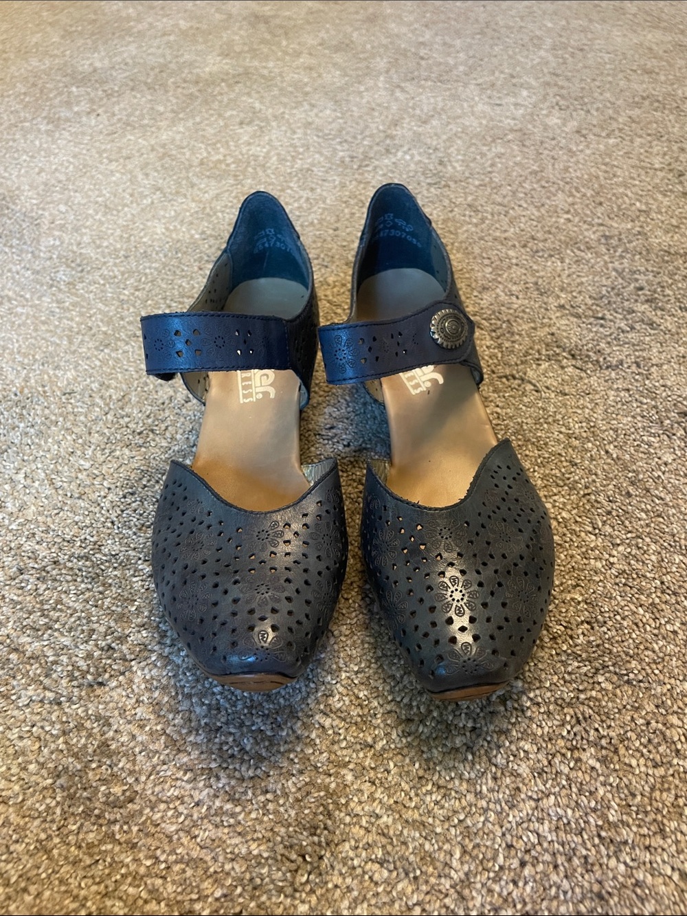Rieker Mirjam 53 Navy Blue Perforated Mary Jane Heels -EU39 Low Block Heel